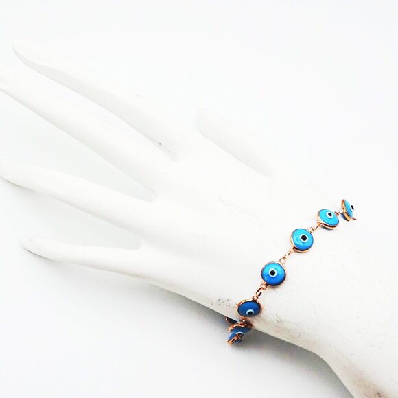 SAVVY CIE JEWELRY Sterling Silver Rose Gold Plated Blue Enamel Evil Eye Bracelet - Picture 4 of 5